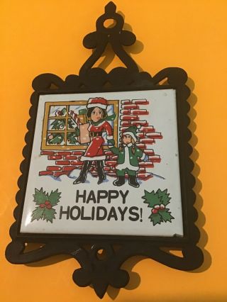 Vintage Cast Iron And Ceramic Tile Trivet Christmas Happy Holidays San - Huan Rare