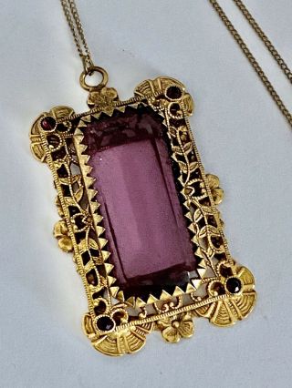 Antique Art Nouveau Amethyst Glass Pendant Necklace Ornate Gold Tone Mounting