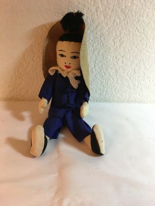 Vintage Chinese Cloth Doll Hand Embroidered Features Shoes,  And Hat 8,  Inches