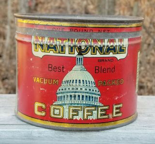 Rare National Coffee Tin Can - Great Graphics Of The Capitol Building 1 Lb