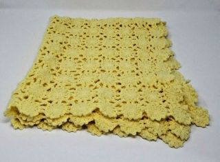 Vintage Hand Knit Crocheted Yellow Baby Blanket Quilt Nursery Decor