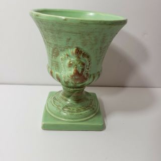 Vtg Hull Pottery Lion Head Pedestal Planter Vase 49 Antique Green/gold 6 " Tall