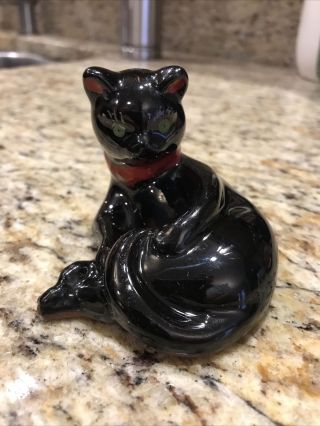 Vintage Black Redware Pottery Cat Figurine Figure Halloween Red Clay Rare Pose