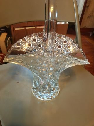 Vintage Clear Lead Crystal Cut Glass Basket Vase Diamond Button Pattern