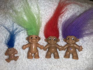 3 Vintage Troll Doll Pencil Toppers,  Orange Purple Green Hair Micro Mini Blue Hai