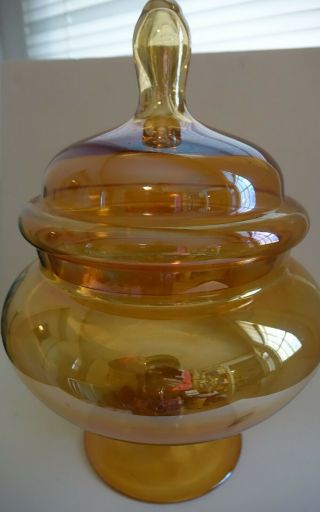 Vintage Gold Carnival Art Glass Candy Dish Apothecary Show Jar Display Pedestal