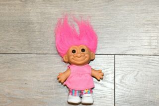 Vintage 5 " Russ Troll Doll With Pink Dress And White Shoes Colorful Pants