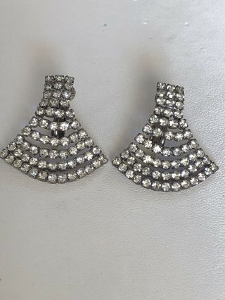 Vintage Fashion Jewelry Silver Tone Clear Rhinestone Clip Earrings