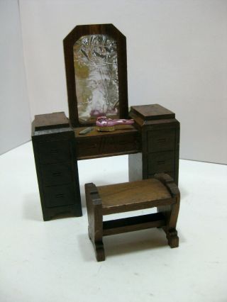 Vintage Doll House Furniture Miniature Stromberg Walnut Wood Vanity With Bench