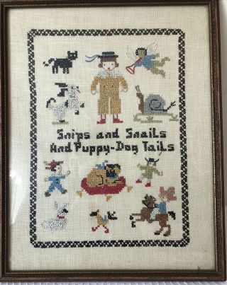 Antique " Snips,  Snails,  Puppy Dog Tails " Designed - Cross Stitched Sampler