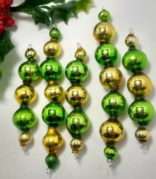 Mercury Glass Bead Icicle 5 Christmas Ornaments Green And Gold