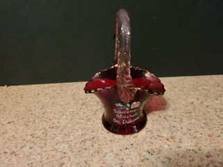 Antique Ruby Red Flash Glass Souvenir Basket Clear Handle Etched Mitchell Sd
