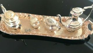 Vintage Doll Miniature Silver Plate? Coffee & Tea Set 4 Piece With Tray Playset