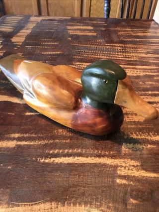 Vintage Or Antique Hand Carved & Painted Wood Mallard Duck Decoy With Glass Eyes