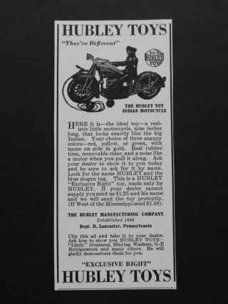Rare 1929 Antique Ad Hubley Toys Cast Iron Indian Motocycle Vtg 1920 