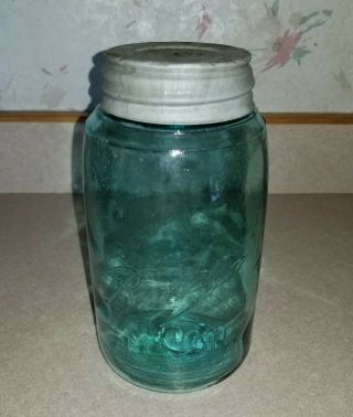 Vintage Ball 3 L Loop Blue Glass Mason Canning Jar Zinc Lid 1 Quart 7 Antique