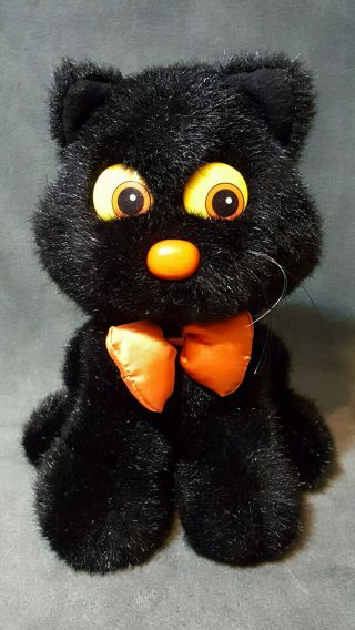 Vtg Applause Plush Black Kitty Cat Midnight Sitting W Orange Nose / Tie 1988 10 "