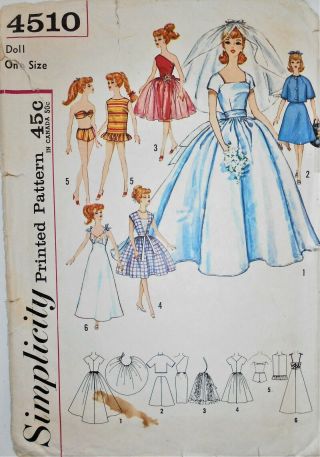 Vintage Simplicity Sewing Pattern 4510 For Barbie Fashion 11 1/2 " Dolls Clothes