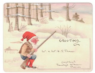Rare Antique Hand - Painted Art Greeting Card Elf Hunter Rifle Rabbit Snow Sunset
