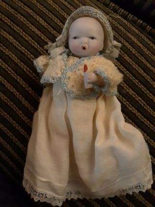 Rare? Antique 4 1/2 " Bisque Jointed Baby Doll Holding Baby Bottle Germany 973