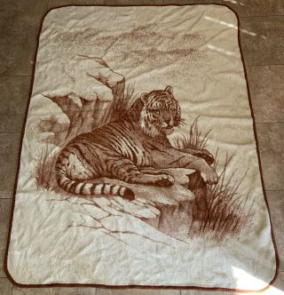 Vtg San Marcos Blanket Reversible Tiger W/ Tag Brown & Tan 90x66 - Rare Euc
