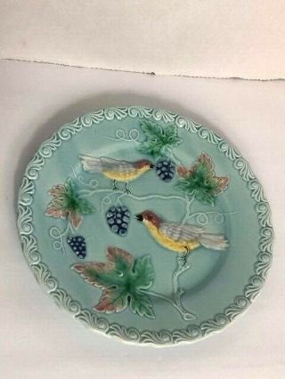 Antique Majolica Zell German 8.  5 " Blue Plate Birds Leaves And Grapes Germany Euc