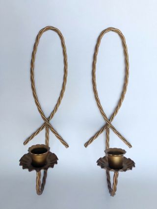 Pair Vtg Home Interior Gold Metal Twisted Rope Candle Holders Wall Sconces 12 "