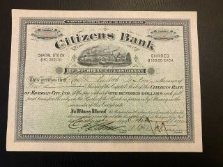 1890 Citizens Bank Of Michigan City,  Indiana Stock Certificate Rare Low 69