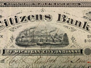 1890 CITIZENS BANK OF MICHIGAN CITY,  INDIANA Stock Certificate Rare Low 69 2