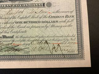 1890 CITIZENS BANK OF MICHIGAN CITY,  INDIANA Stock Certificate Rare Low 69 3