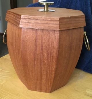 Vtg Mid Century Ice Bucket Wood Brass Danish Modern