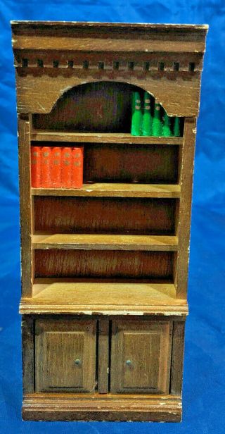 Dollhouse Miniature Furniture Bookshelf,  Books,  All Wood,  Dark Brown.  Vintage