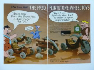 Rare Vtg 1974 2 - Page Color Dealer Ad - Amf Flintstones Pedal Car Ride On Toy