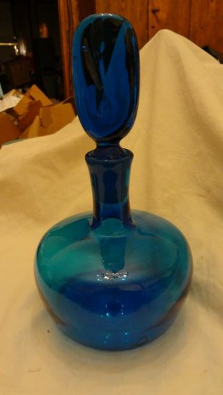 Rare Vintage Blenko Wayne Husted Blue Decanter Genie Bottle & Stopper Mcm Modern