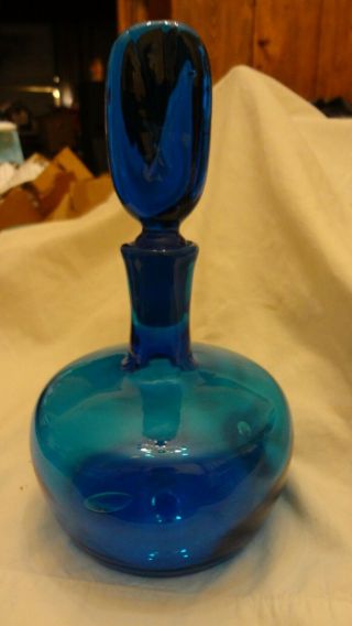 RARE Vintage Blenko Wayne Husted Blue Decanter Genie Bottle & Stopper MCM Modern 3