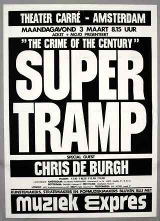 Supertramp Chris De Burgh - Rare Amsterdam 1975 Concert Poster Huge