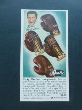 Rare Vtg 1953 Color Ad - Benlee Rocky Marciano Boxing Gloves