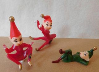 Rare Three Vintage Christmas Pixies Elves Cake Topper Red Green Plastic