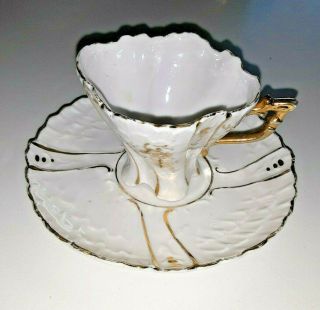Miniature Tea Cup & Saucer White Ruffled Edges Antique Gold Trim 4 " X2 "