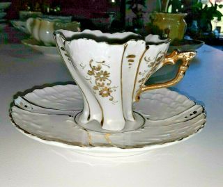 Miniature tea cup & saucer white ruffled edges ANTIQUE Gold trim 4 