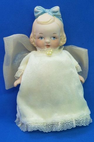 Antique Nippon Japan Angel All Bisque Blue Eyes Doll - 5 1/4 " Blue Bow