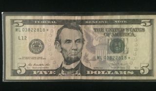 $5 Dollar Bill Star Note Series 2013,  Very Rare, .