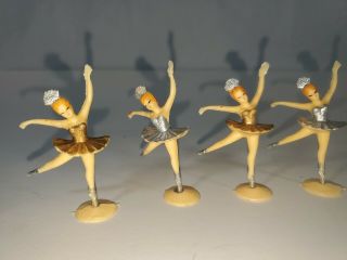 4 Vintage Cake Toppers Ballerinas Gold & Silver Color Tutu Party Decoration 2 "