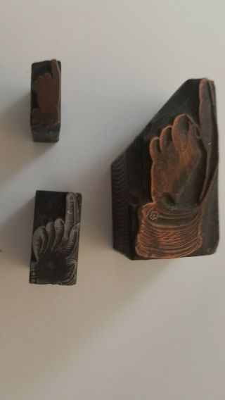 3 Antique Vintage Pointing Hand Printers Blocks Letterpress Stamp Plate