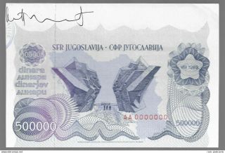 Yugoslavia 500 000 Dinara 1989.  Unc - Proof - Governor Signature - Rare