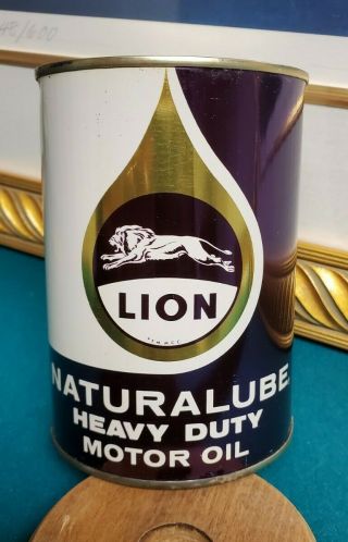 Rare Full Nos Metal Lion Naturalube Heavy Duty Oil Can Not Porcelain Tin Sign 1