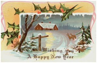 Antique Happy Year Winter Snow Scene Deer 1908 Postcard
