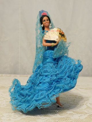 Vintage Marin Chiclana Flamenco Dancer 7 " Doll Blue Lace Mantilla With Fan,  Stand