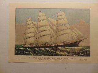Vintage Currier & Ives Calendar Page Lithograph Reprint 3 Brothers Clipper Ship
