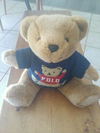 Vintage 1997 Ralph Lauren Polo Teddy Bear Plush Jointed With Blue Sweater Cute